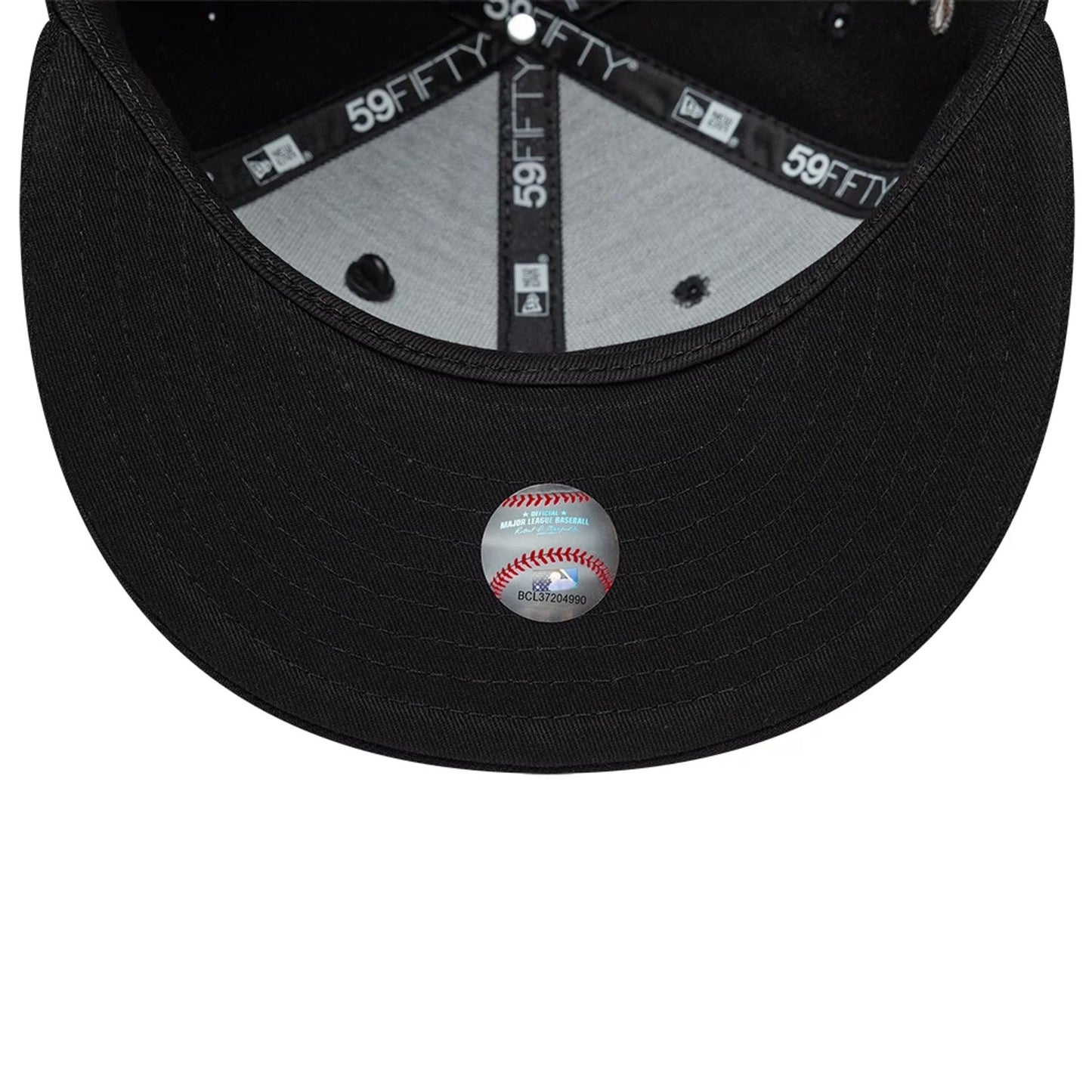 Chicago White Sox MLB Food Black New Era 59FIFTY Fitted Cap, inside view showing the grey sweatband with the 59FIFTY repeating taping, a black undervisor with stitching, and an attached baseball-shaped holographic sticker on the centre.