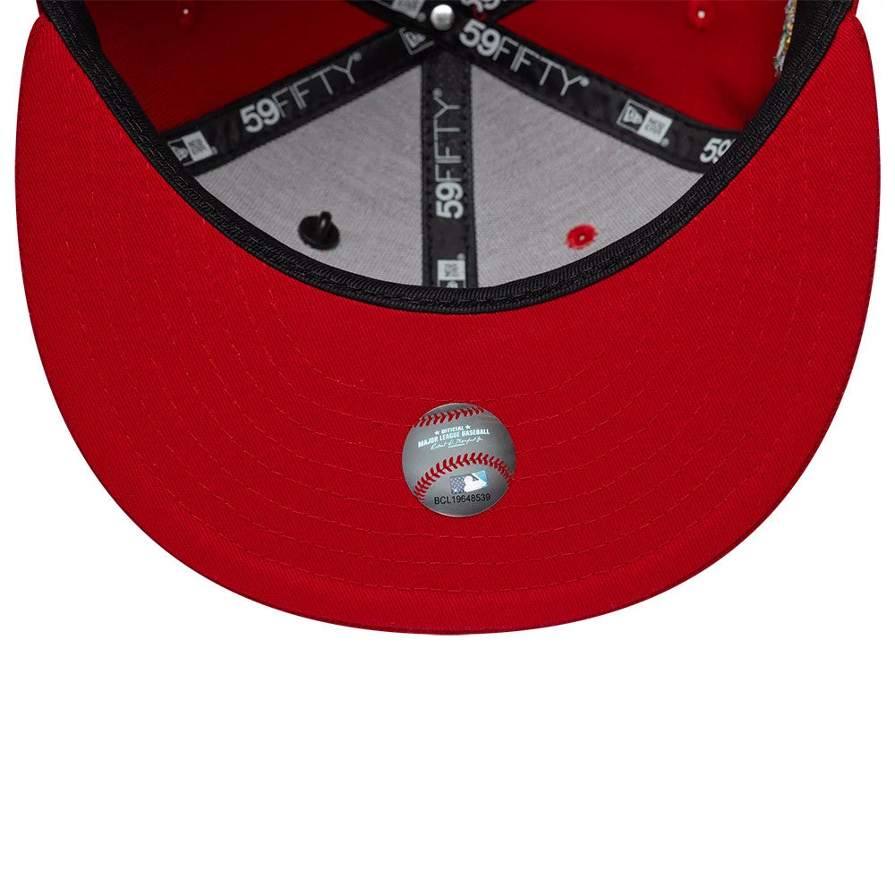 New York Yankees MLB Food Red New Era 59FIFTY Fitted Cap, inside view showing the grey sweatband and black taping with repeating 59FIFTY logos, a red undervisor, and an Officially Licensed Baseball cap sticker on the centre of the red fabric.