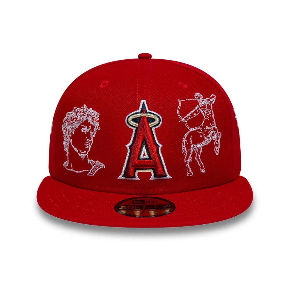 LA Angels MLB Mythical Red New Era 59FIFTY Fitted Cap, front view showing a raised red and white Angels A logo embroidered on the front panel, flanked by white mythological figures, with a gold 59FIFTY size sticker on the red flat visor.
