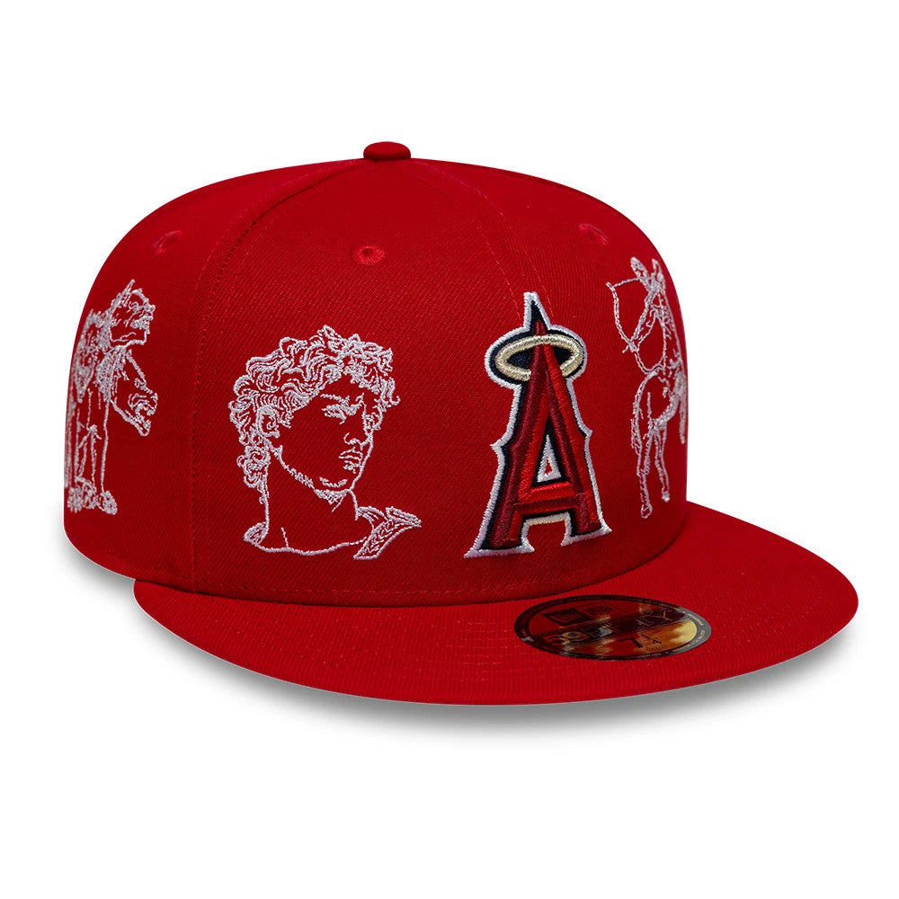 LA Angels MLB Mythical Red New Era 59FIFTY Fitted Cap, three-quarter view showing the raised red and white A logo on the front panel, surrounded by intricate white mythical creature embroidery, with a gold 59FIFTY size sticker on the visor.
