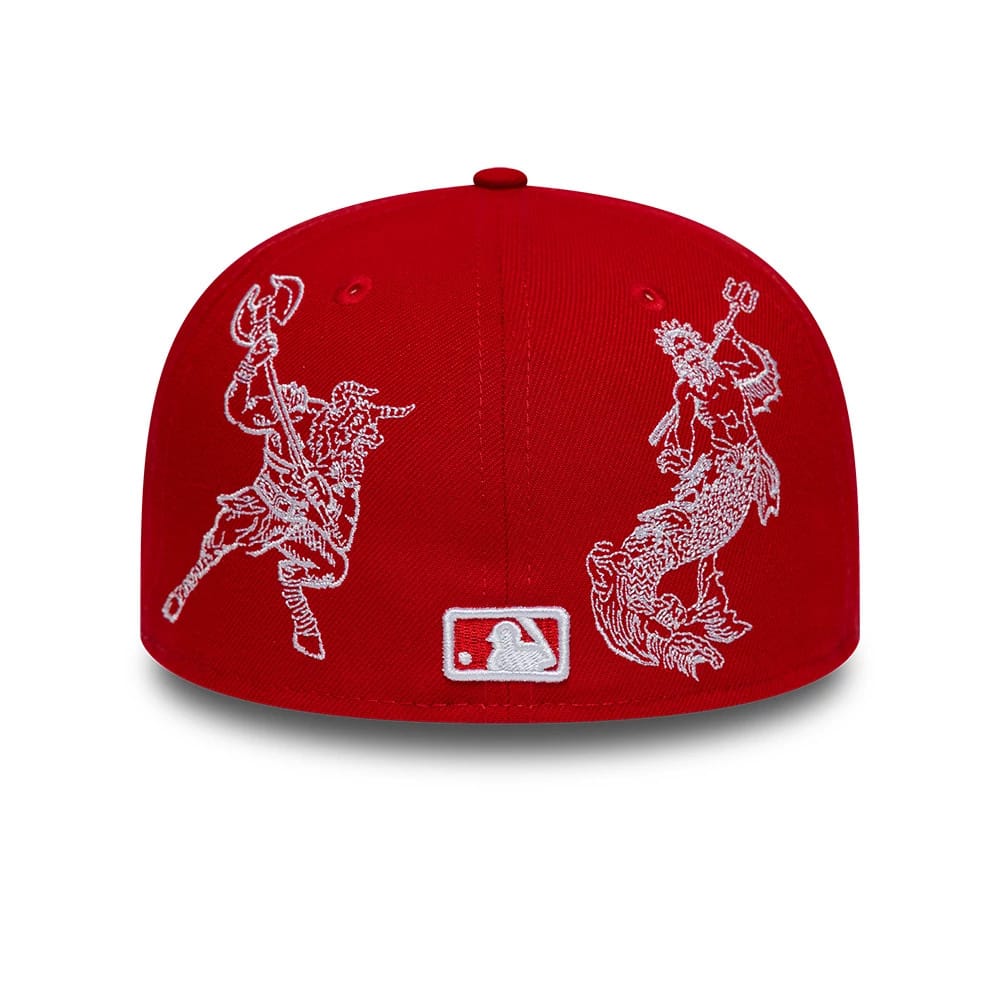 Pictured is this MLB Mythical LA Angels 59FIFTY Fitted cap in red. 7