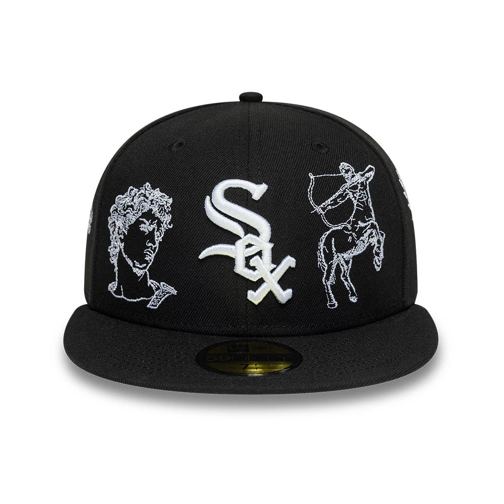 Chicago White Sox MLB Mythical Black New Era 59FIFTY Fitted Cap, front view showing the raised embroidered white Sox logo on the front panel, flanked by detailed white embroidery of a statue head and a centaur.