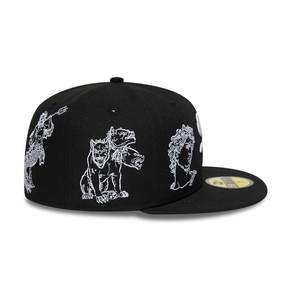 Chicago White Sox MLB Mythical Black New Era 59FIFTY Fitted Cap, side view showing intricate white mythical embroidery of creatures and a figure on the black structured crown, with a flat visor and a gold 59FIFTY size sticker on the front.