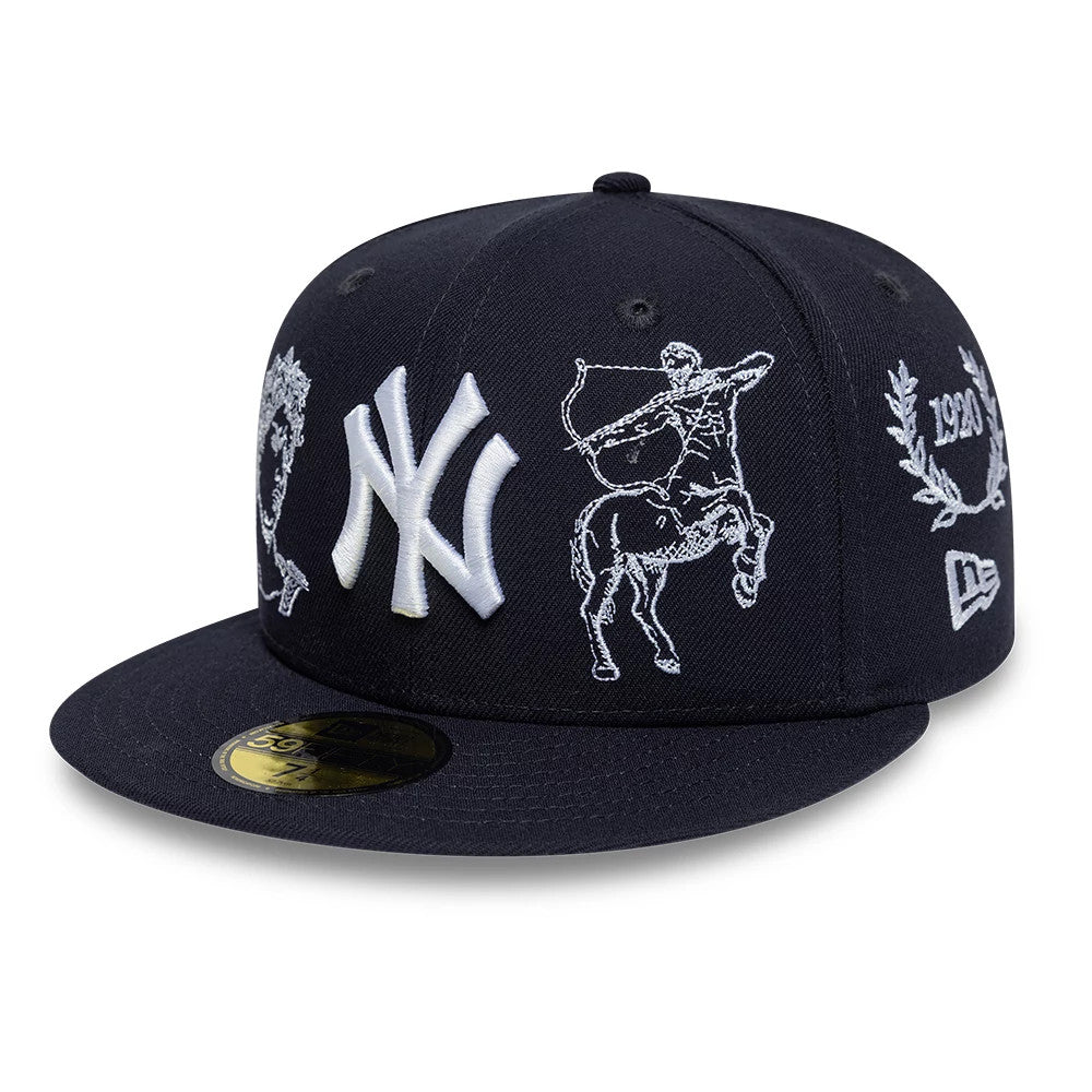 New York Yankees MLB Mythical Navy New Era 59FIFTY Fitted Cap, front view showing the raised white NY logo embroidered on the front panel, with mythical figure embroidery on the right and a gold 59FIFTY size sticker on the flat visor.