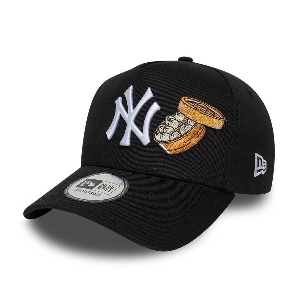 New York Yankees MLB Food Black New Era 9FORTY A-Frame Adjustable Cap, front view showing a white NY logo alongside an orange food graphic on the black crown, with a grey 9FORTY size sticker on the curved black visor.