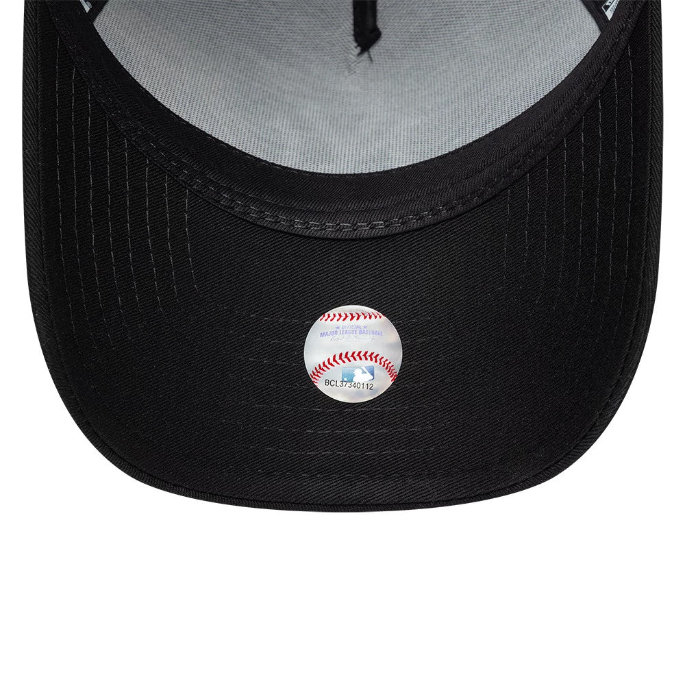 New York Yankees MLB Food Black New Era 9FORTY A-Frame Adjustable Cap, inside view showing a grey undervisor, black taping along the seams and a holographic baseball sticker centred beneath the visor.
