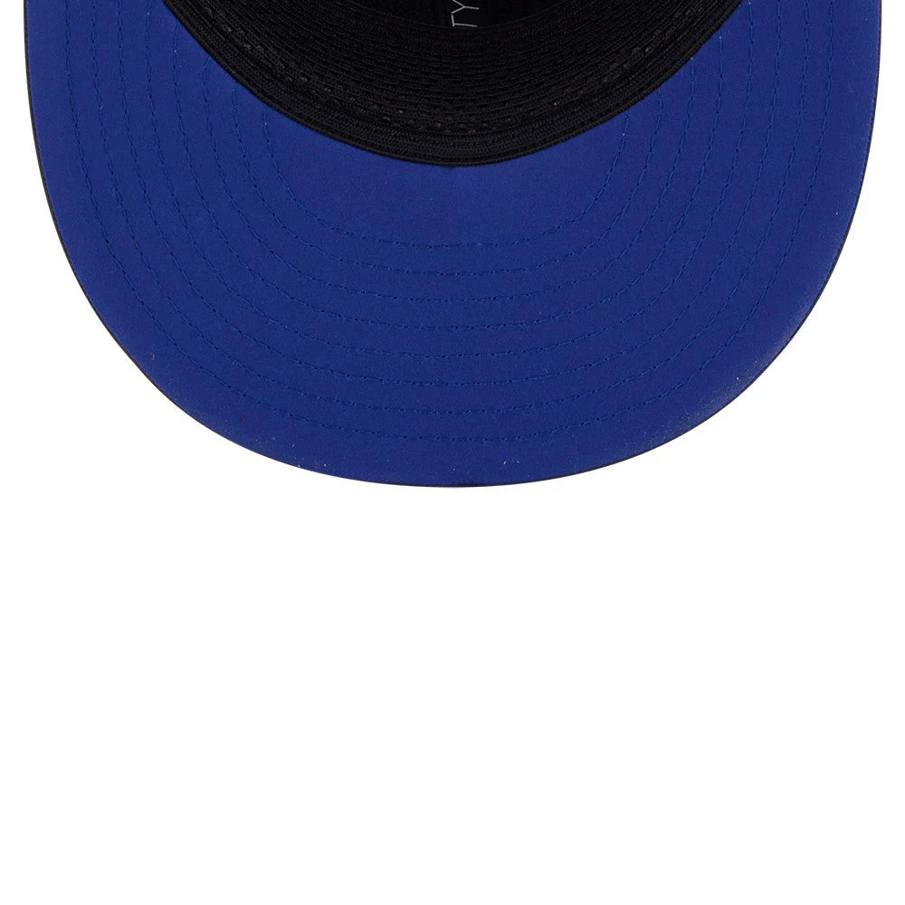 Seahawks Youth NFL Sideline 2026 Charcoal New Era 9FIFTY Snapback Adjustable Cap, underside view showing a black undervisor beneath a blue flat visor and contrasting interior taping along the edge.
