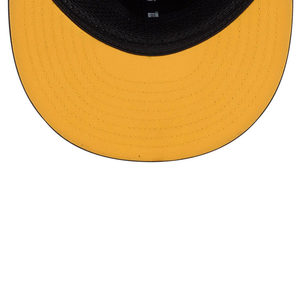 Steelers Youth NFL Sideline 2026 Charcoal New Era 9FIFTY Snapback Adjustable Cap, inside view showing the yellow undervisor, contrasting black sweatband, and detailed interior taping, creating a dynamic design element underneath the cap.