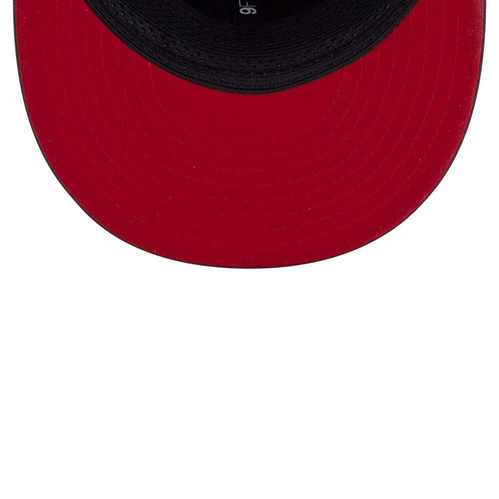 49ers Youth NFL Sideline 2026 Charcoal New Era 9FIFTY Snapback Adjustable Cap, inside view showing the vivid red undervisor, black sweatband and interior taping, offering a glimpse of the structured panel shapes from beneath.