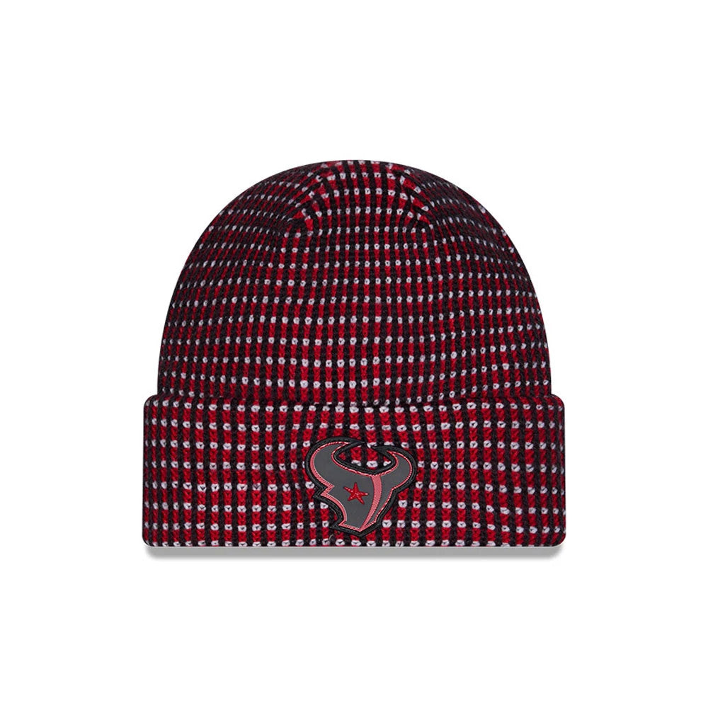 New Era Houston Texans NFL Sideline 2026 Navy Cuff Knit Beanie Hat, front view showing an embroidered Houston Texans logo on the cuff, featuring a patterned black and red knit design across the main body of the beanie.