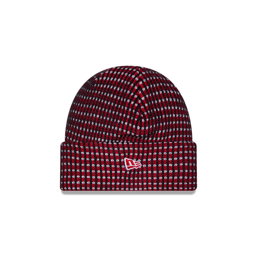 New Era Houston Texans NFL Sideline 2026 Navy Cuff Knit Beanie Hat, front view showing the red and navy checkered knit pattern on the crown and cuff, with an embroidered white New Era flag logo on the cuff's centre.