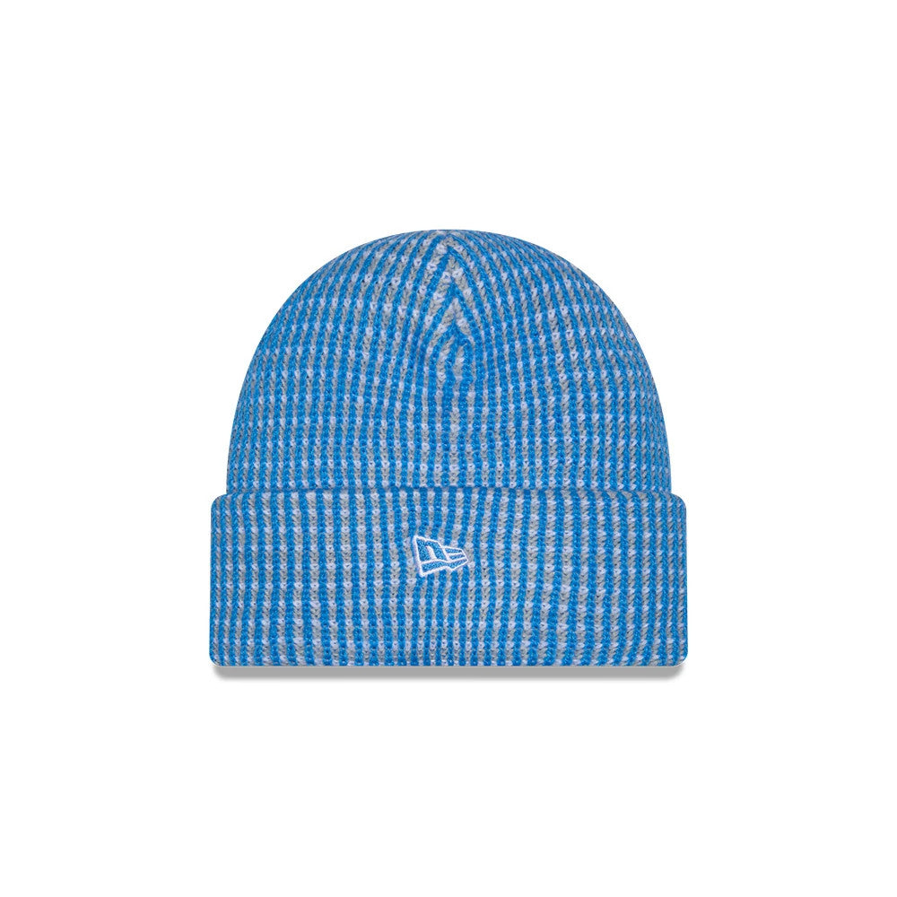New Era Detroit Lions NFL Sideline 2026 Blue Cuff Knit Beanie Hat, front view showing a textured blue and grey striped pattern with a prominent white embroidered New Era flag logo on the cuff.