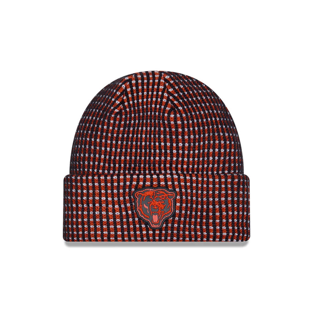 New Era Chicago Bears NFL Sideline 2026 Orange Cuff Knit Beanie Hat, front view showing the raised embroidered team logo in orange and blue on the folded cuff, with a textured knit pattern in alternating black and orange stripes.