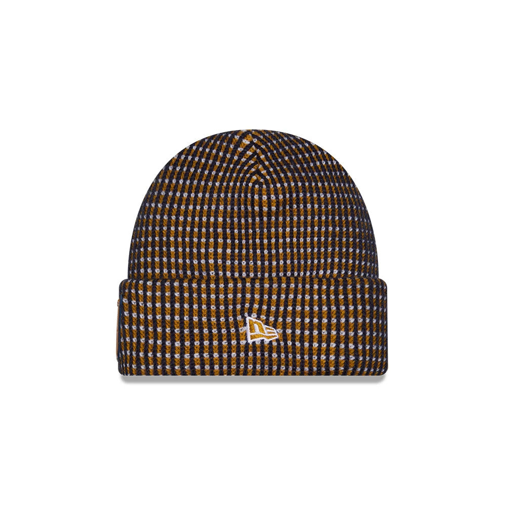 New Era Green Bay Packers NFL Sideline 2026 Dark Blue Cuff Knit Beanie Hat, front view showing the geometric blue and gold knit pattern, with a prominent embroidered white New Era flag logo on the folded cuff.