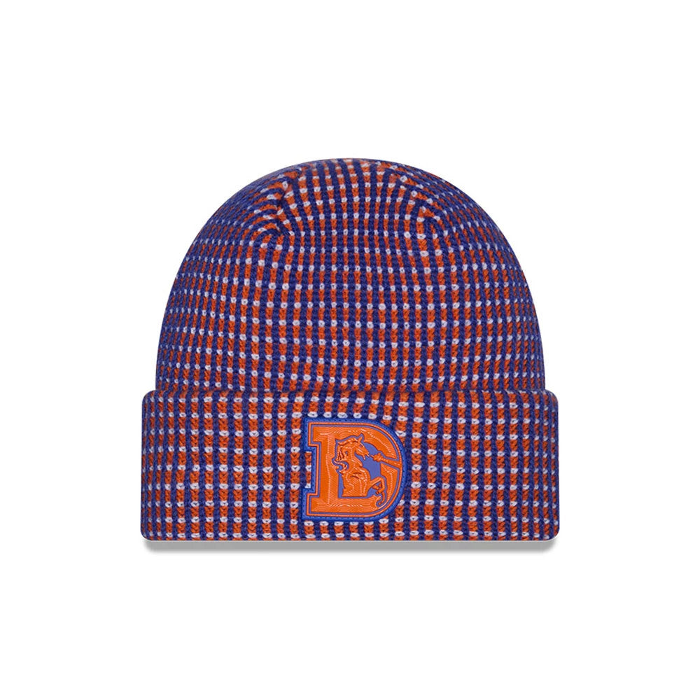 New Era Denver Broncos NFL Sideline 2026 Blue Cuff Knit Beanie Hat, front view showing the embroidered orange and blue classic D logo on the cuff, with a ribbed blue and orange knit pattern throughout the crown.