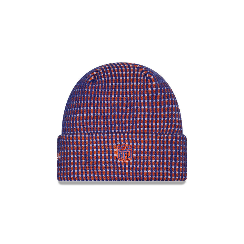 New Era Denver Broncos NFL Sideline 2026 Blue Cuff Knit Beanie Hat, front view showing a blue and orange check pattern with a raised orange NFL shield logo on the centre of the cuff, complete with a rounded crown.