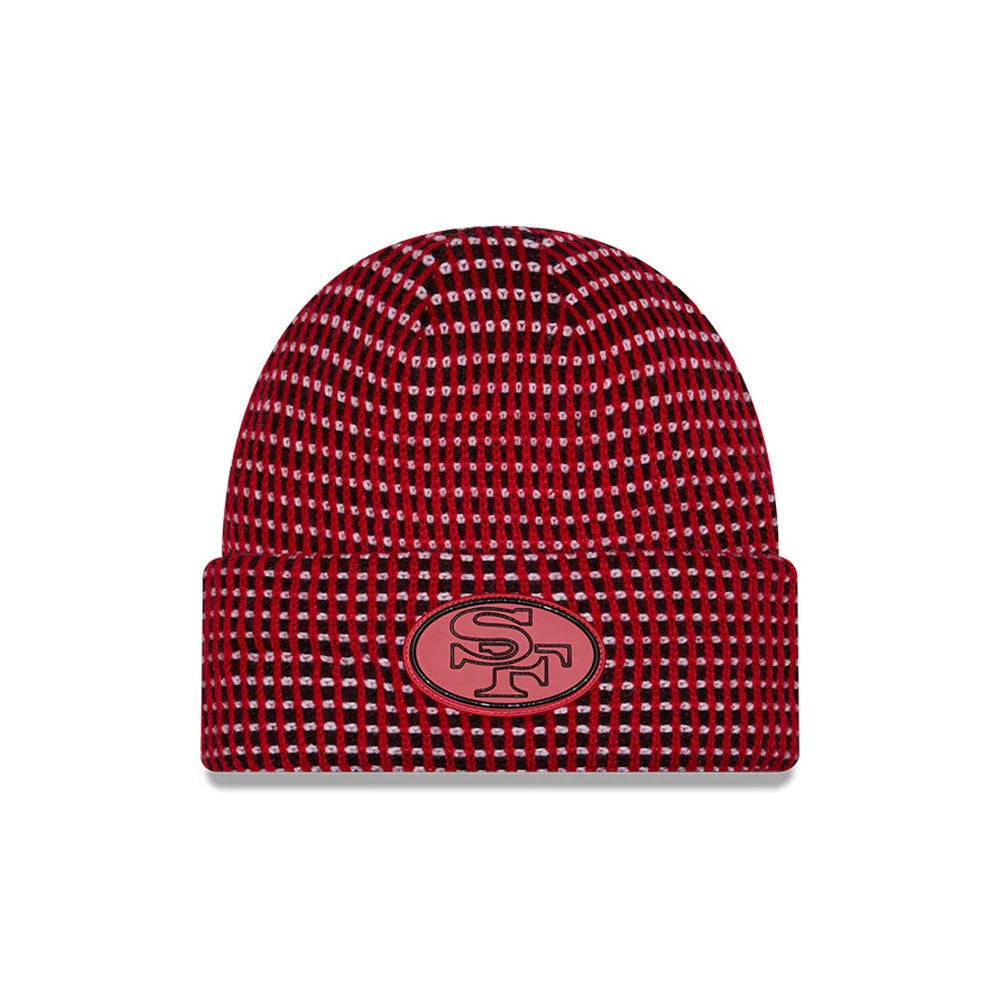 New Era San Francisco 49ers NFL Sideline 2026 Red Cuff Knit Beanie Hat, front view showing a black and red knitted pattern with an embroidered oval SF logo patch centred on the red cuff, highlighting a warm textured design.