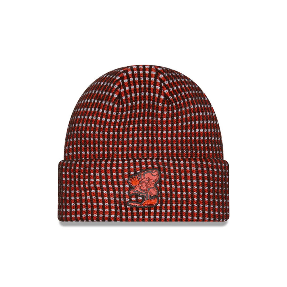 New Era Cleveland Browns NFL Sideline 2026 Dark Brown Cuff Knit Beanie Hat, front view showing the team's orange elf logo embroidered on the cuff, with a patterned knit in shades of dark brown, orange, and white.