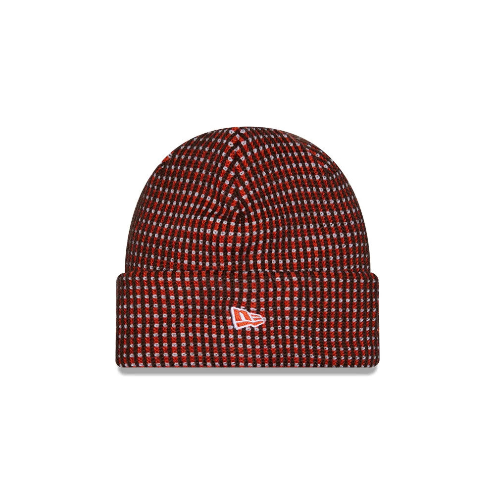 New Era Cleveland Browns NFL Sideline 2026 Dark Brown Cuff Knit Beanie Hat, front view showing a dark brown and red checked pattern, with the white embroidered New Era flag logo on the front cuff and a rounded crown top.