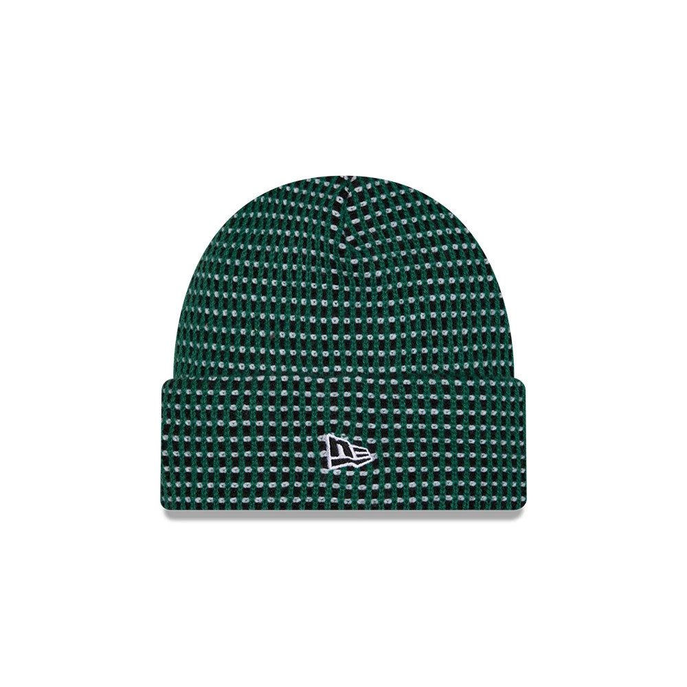 New Era New York Jets NFL Sideline 2026 Dark Green Cuff Knit Beanie Hat, front view showing a dark green and black waffle pattern with a white New Era flag logo embroidered on the folded cuff.