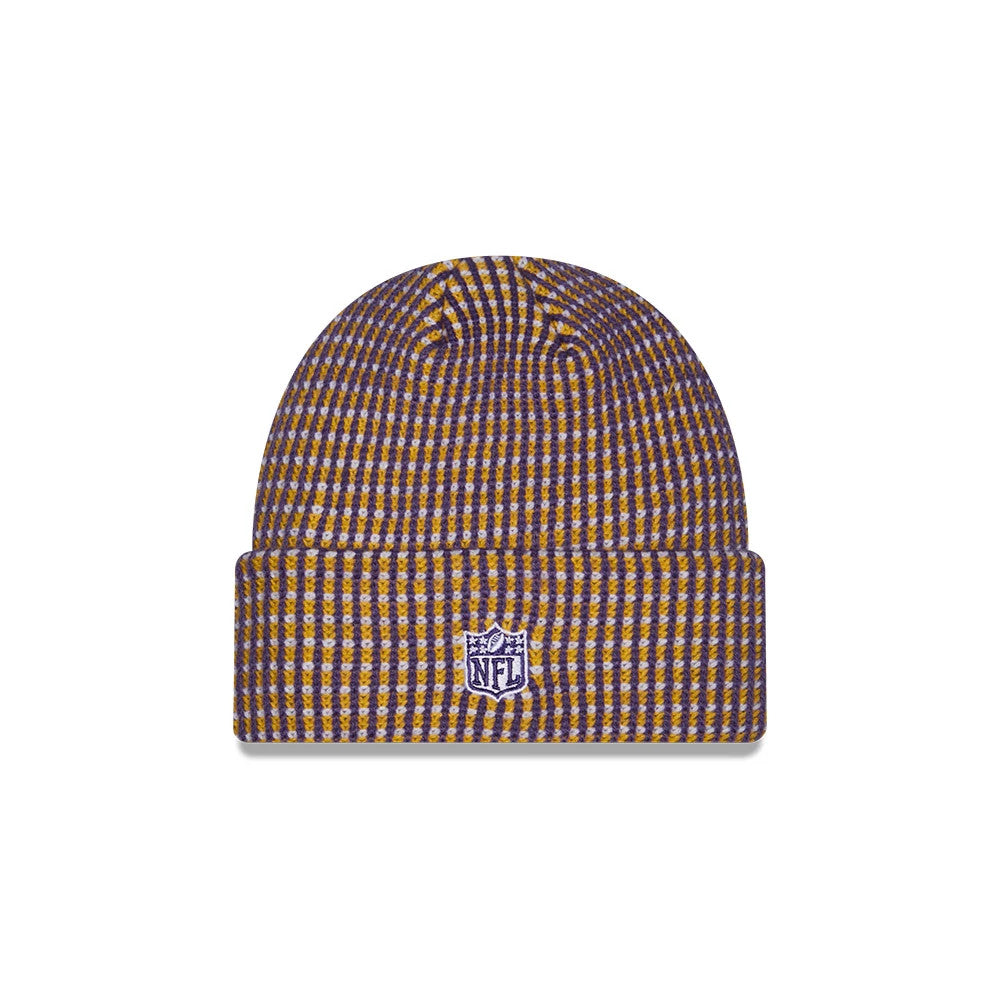 New Era Minnesota Vikings NFL Sideline 2026 Yellow Cuff Knit Beanie Hat, front view showing a purple and yellow check pattern, the embroidered white NFL shield logo centred on the cuff, and the rounded top with ribbed texture.