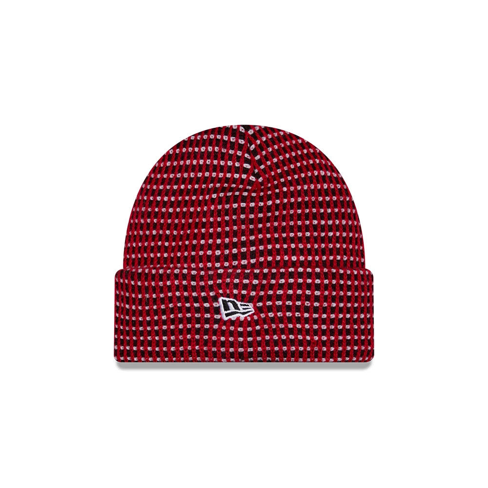 New Era Atlanta Falcons NFL Sideline 2026 Red Cuff Knit Beanie Hat, front view showing a distinctive black and red geometric pattern, with the embroidered New Era flag logo in white on the front of the cuff.