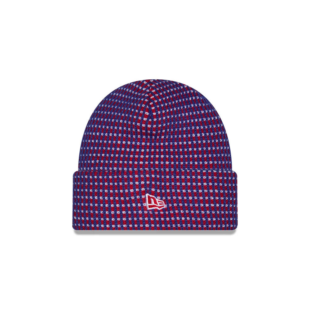 New Era New England Patriots NFL Sideline 2026 Blue Cuff Knit Beanie Hat, front view showing the embroidered New Era flag logo in white on the cuff, and a detailed red, blue, and white woven pattern covering the entire hat.