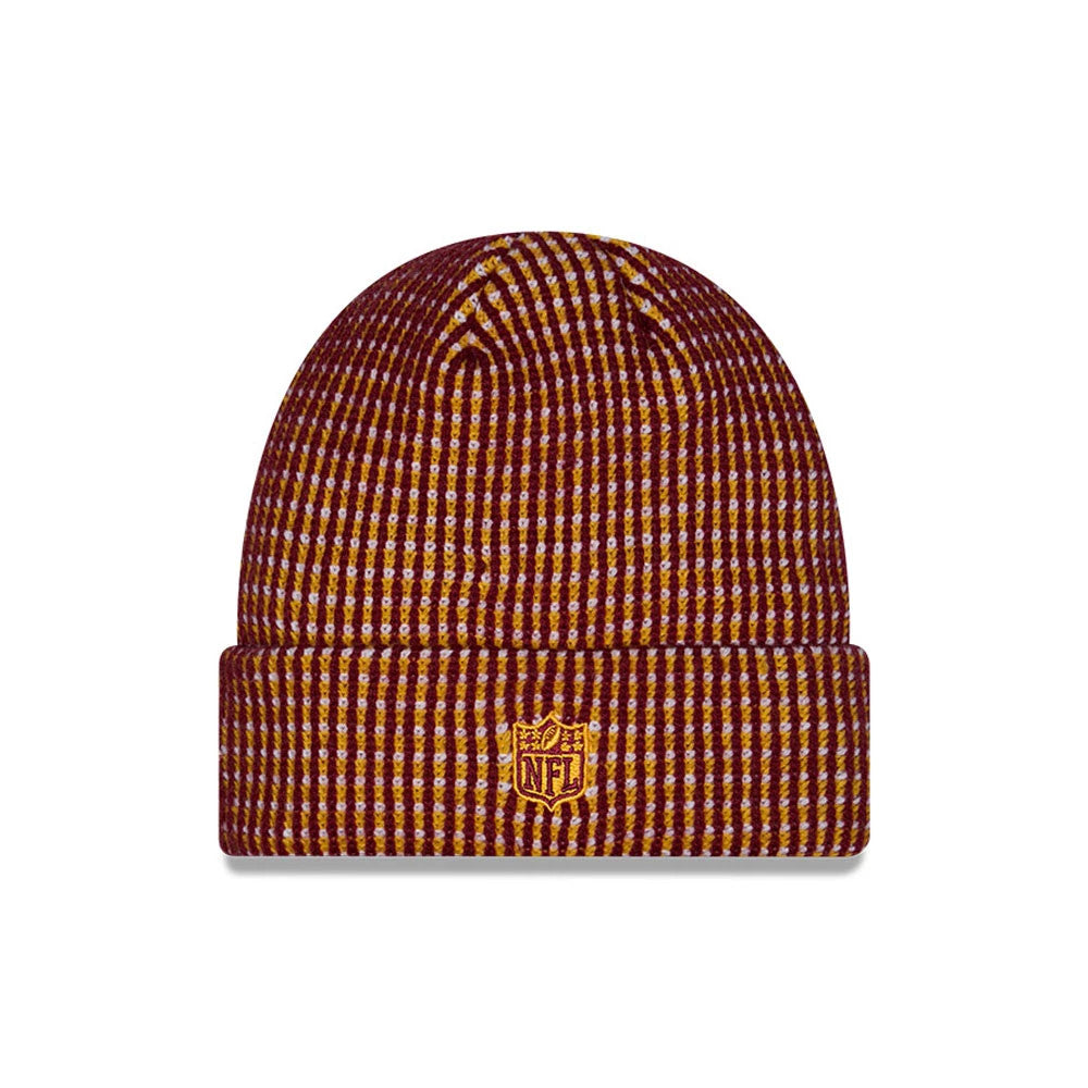 New Era Washington Commanders NFL Sideline 2026 Red & Yellow Cuff Knit Beanie Hat, front view showing a red and yellow striped pattern covering the entire crown and cuff, with the NFL shield logo embroidered in yellow on the front of the cuff.