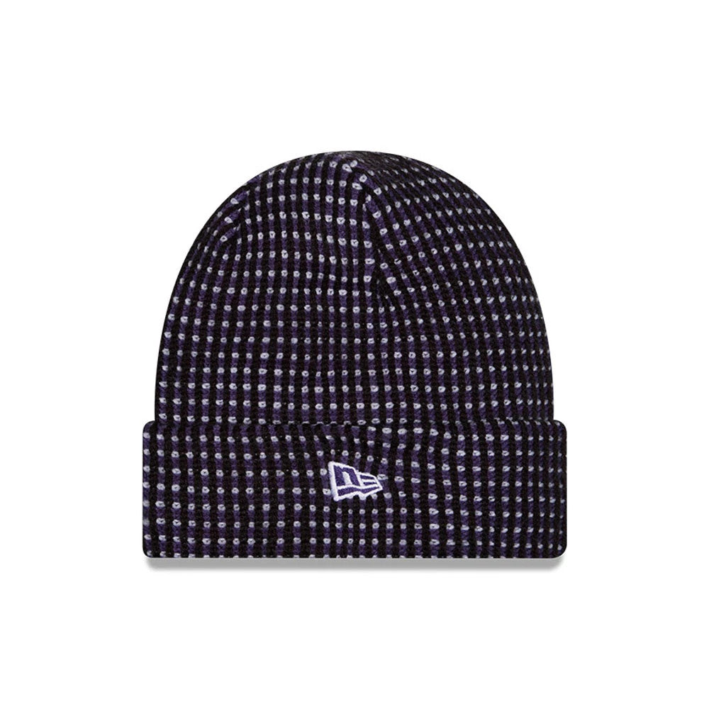 New Era Baltimore Ravens NFL Sideline 2026 Black & Purple Cuff Knit Beanie Hat, front view showing a textured black and purple knitted pattern with the white New Era flag logo embroidered on the front of the turned-up cuff.