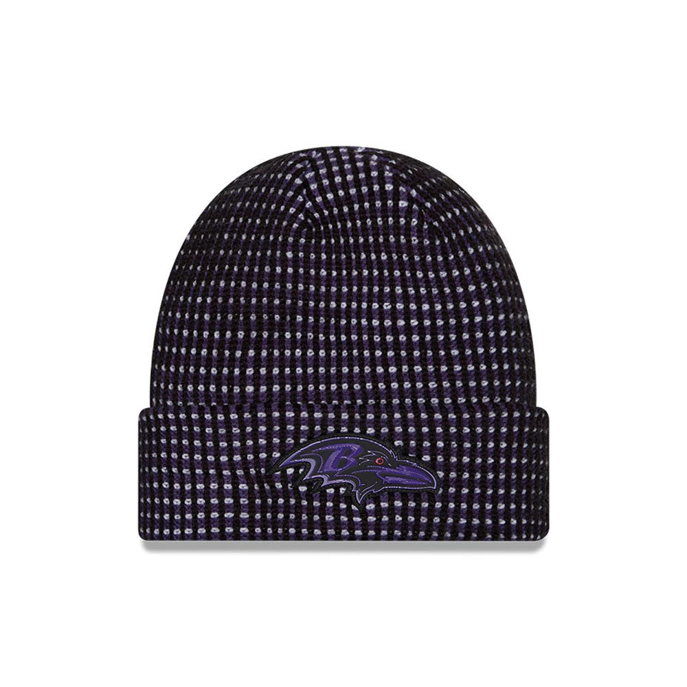 New Era Baltimore Ravens NFL Sideline 2026 Black & Purple Cuff Knit Beanie Hat, front view showing the embroidered Baltimore Ravens logo on the cuff, with a checkered black and purple knit pattern covering the structured dome.