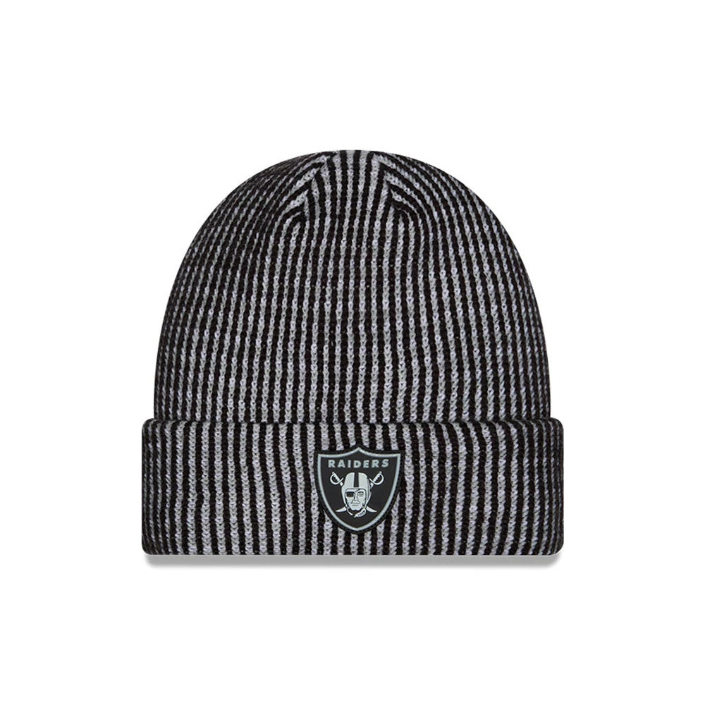 Pictured is this NFL Sideline 2026 Las Vegas Raiders Cuff Knit Beanie Hat in black. 1