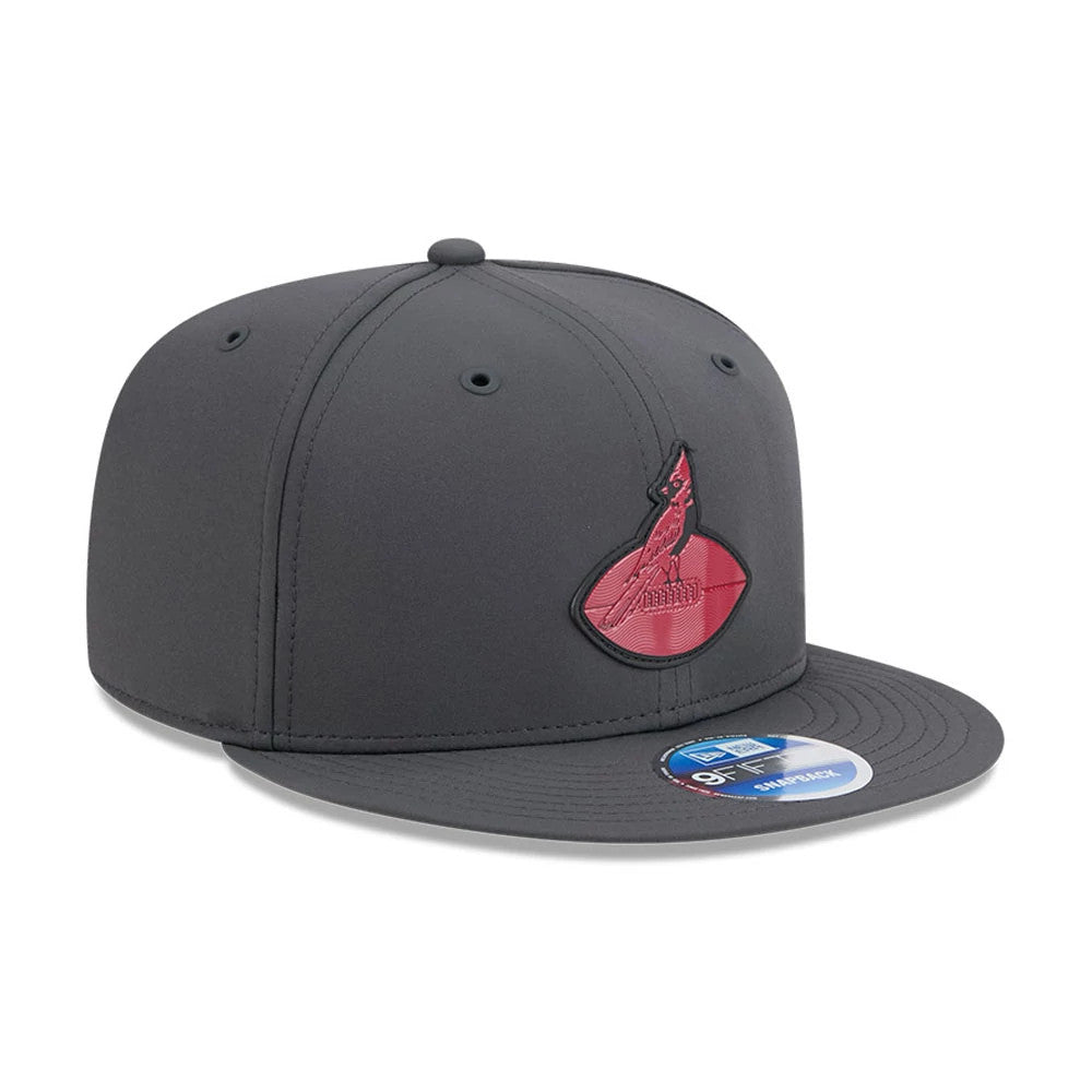 Cardinals NFL Sideline 2026 Charcoal New Era 9FIFTY Snapback Adjustable Cap, front view showing a red cardinal emblem in detail on the structured charcoal crown, a flat charcoal visor, and a 9FIFTY size sticker on the visor.