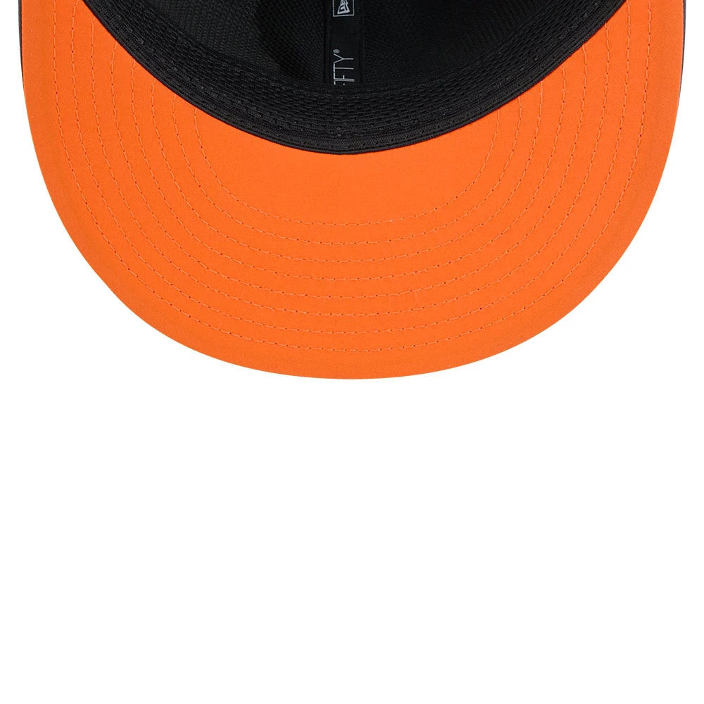 Bengals NFL Sideline 2026 Charcoal New Era 9FIFTY Snapback Adjustable Cap, inside view showing the bright orange undervisor, black sweatband with New Era and 9FIFTY branding on the taping, and contrast stitching details.