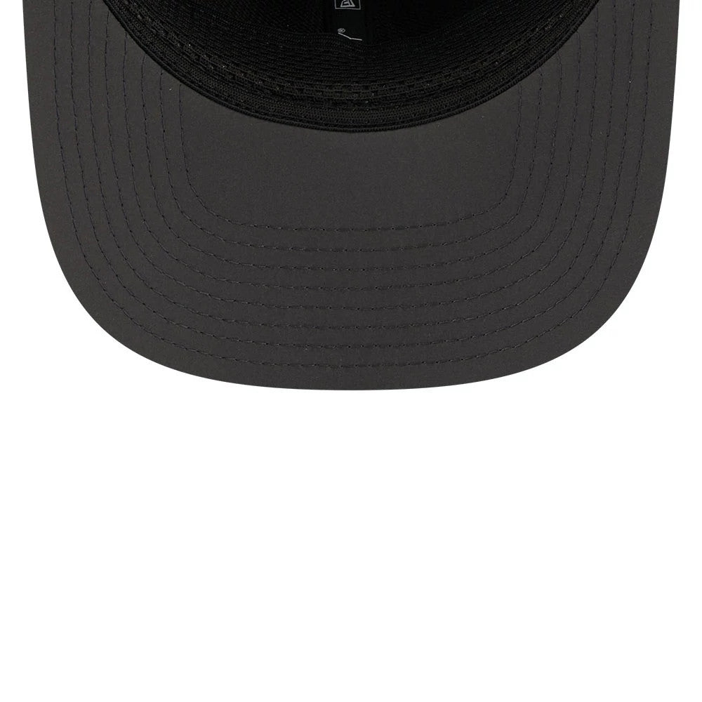 Raiders NFL Sideline 2026 Charcoal New Era 9SEVENTY Stretch Snap Adjustable Cap, inside view showing the black undervisor, detailed black sweatband with decorative stitching, and the exposed internal taping outlining the structure of the cap.