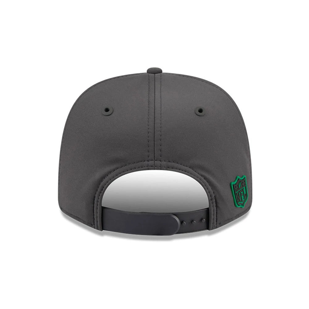 Eagles NFL Sideline 2026 Charcoal New Era 9SEVENTY Stretch Snap Adjustable Cap, rear view showing the green embroidered NFL shield logo on the right back panel, with a charcoal adjustable snap closure.