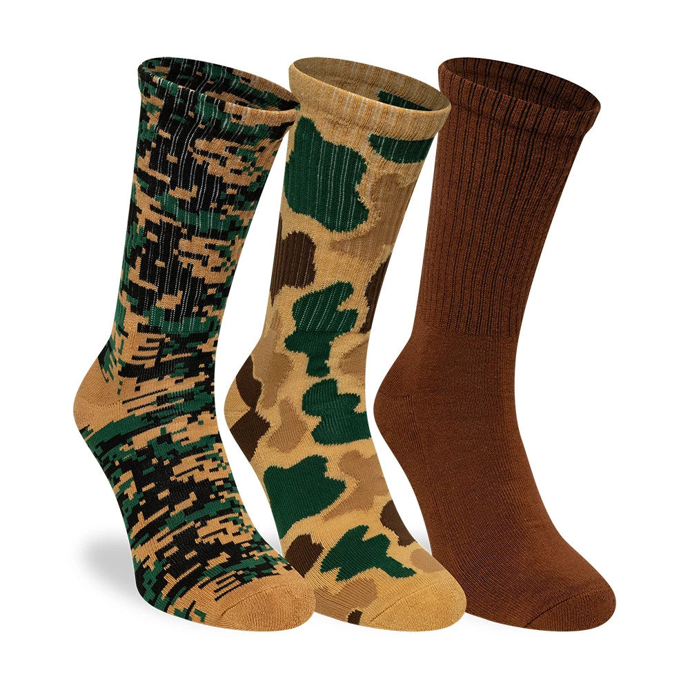 New Era Camo Brown 3 Pack Crew Socks, front view showcasing three distinct patterns in a set: the first in a digital camo design blending black and green, the second with a classic camo mix of brown and green, and the third in solid brown.