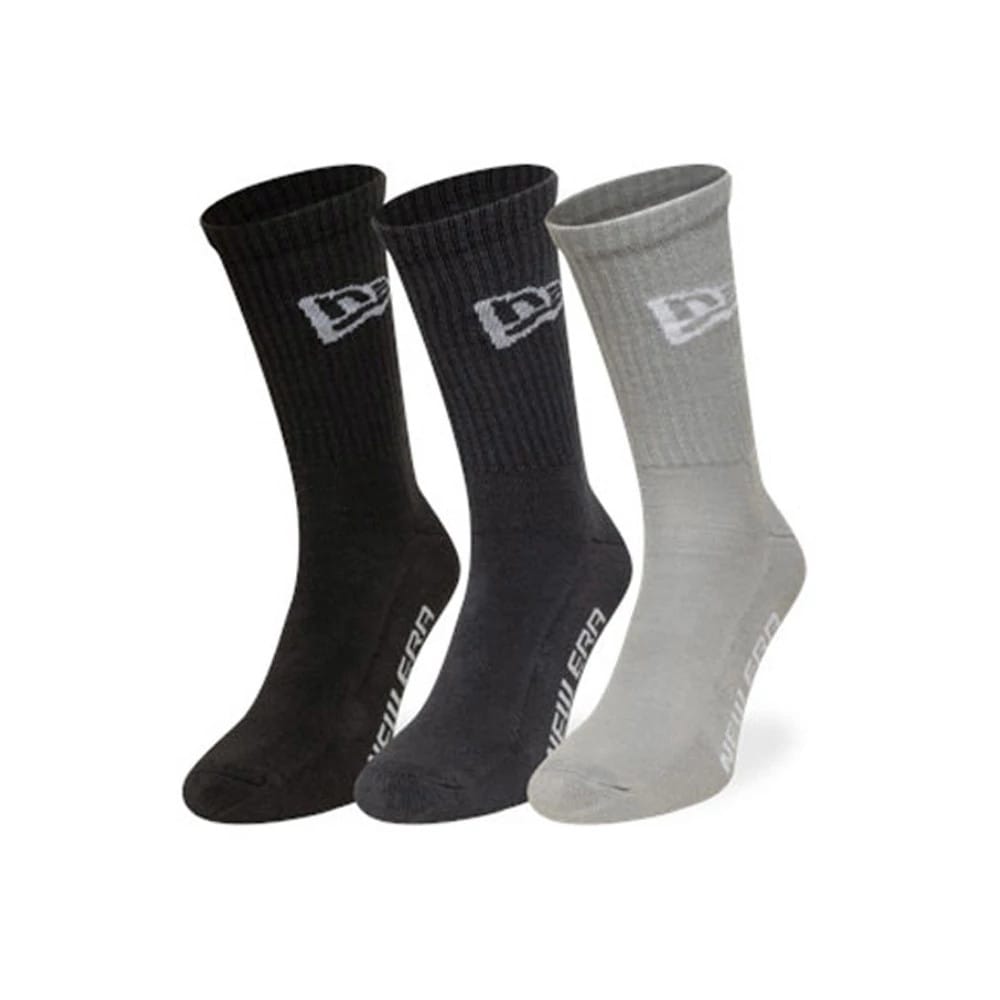 Pictured is this New Era Flag 3 Pack Crew Socks in grey. 1