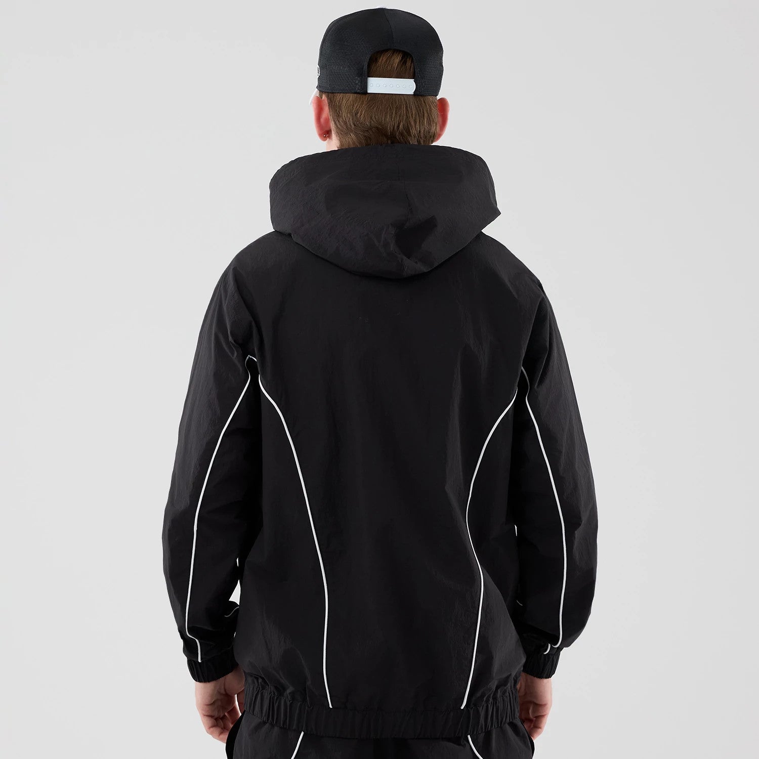 The model is wearing this MLB Piping LA Dodgers Jacket in black. 2