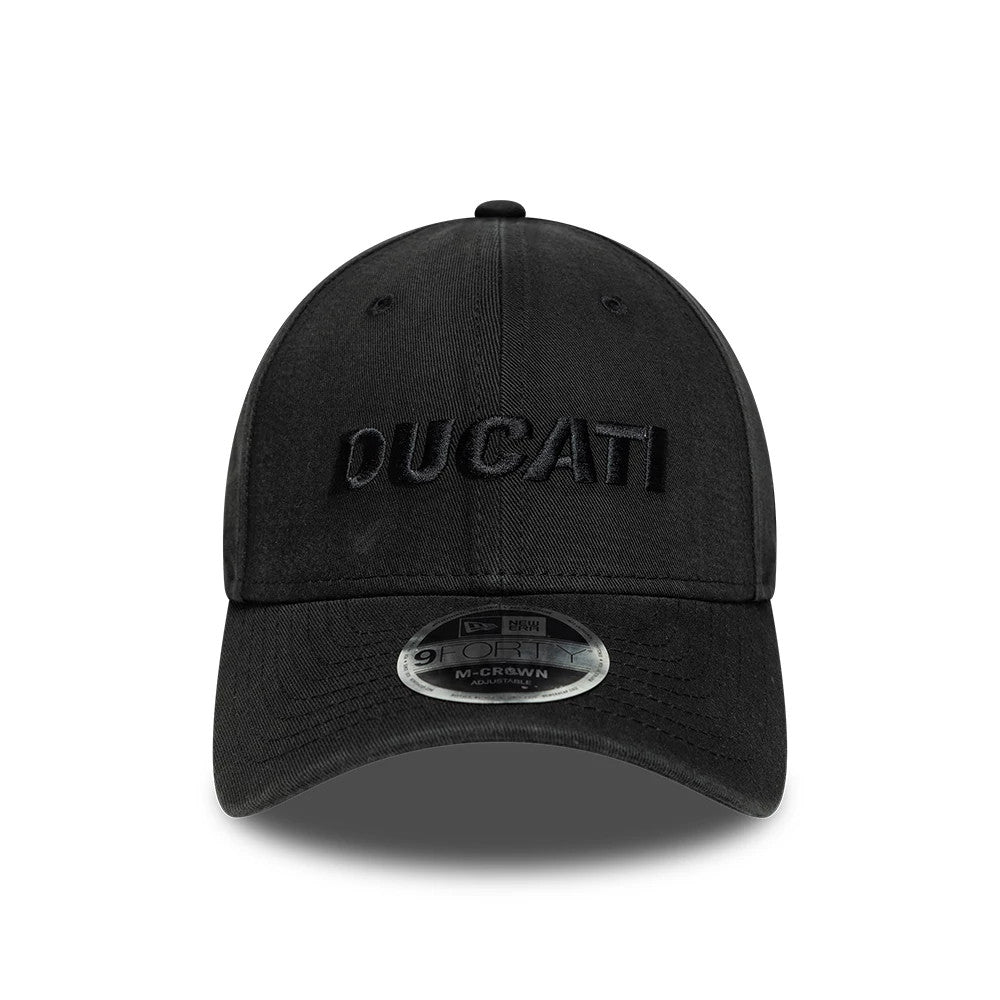 Ducati Motor Black On Black New Era 9FORTY M-Crown Adjustable Cap, front view showing the raised black embroidered Ducati logo on the front panel, with a 9FORTY size sticker on the curved black visor and vented eyelets on the crown.