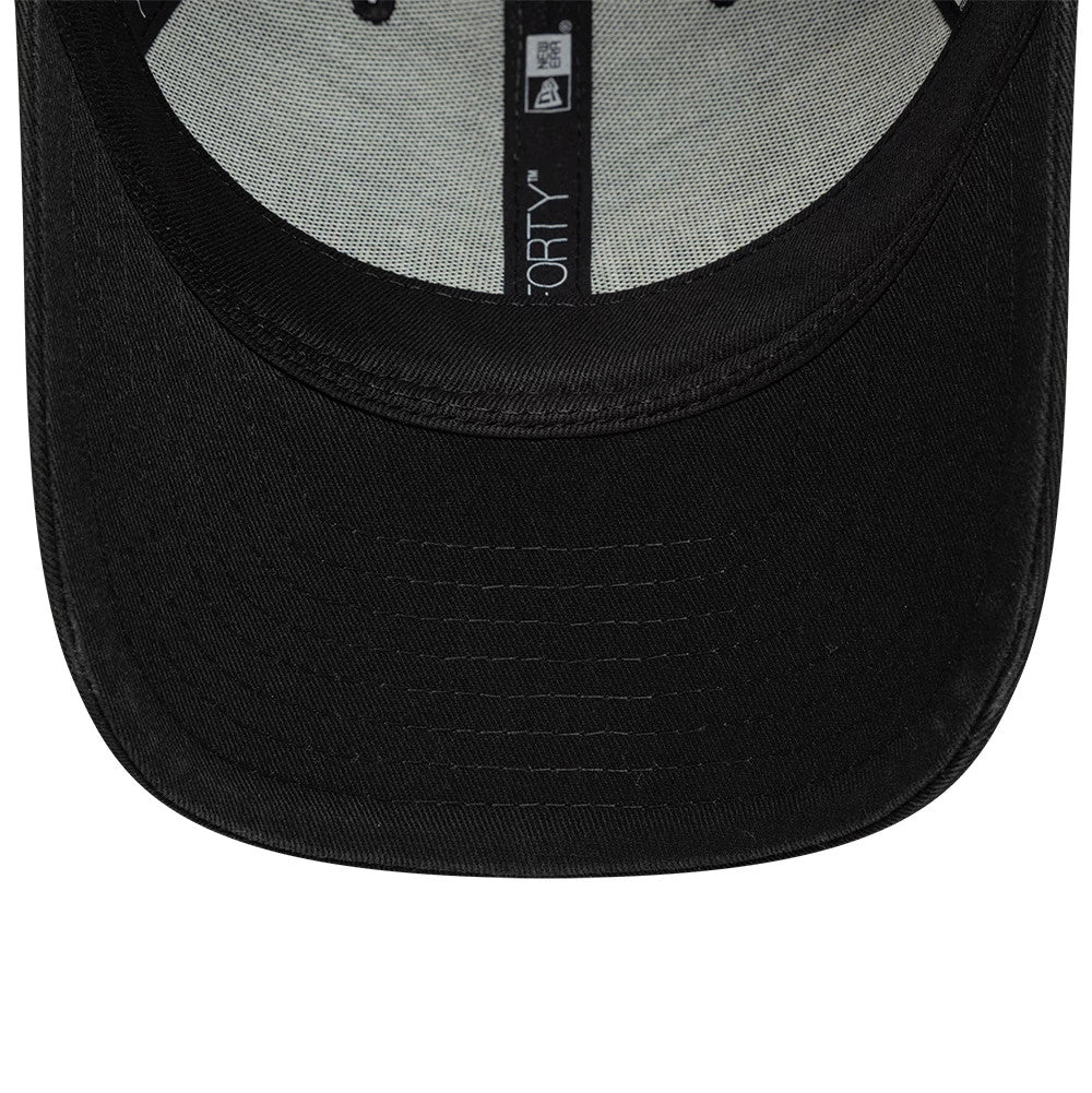 Ducati Motor Black On Black New Era 9FORTY M-Crown Adjustable Cap, inside view highlighting the grey taping with a New Era logo, a black sweatband, and the black undervisor, showcasing the detailed stitching.
