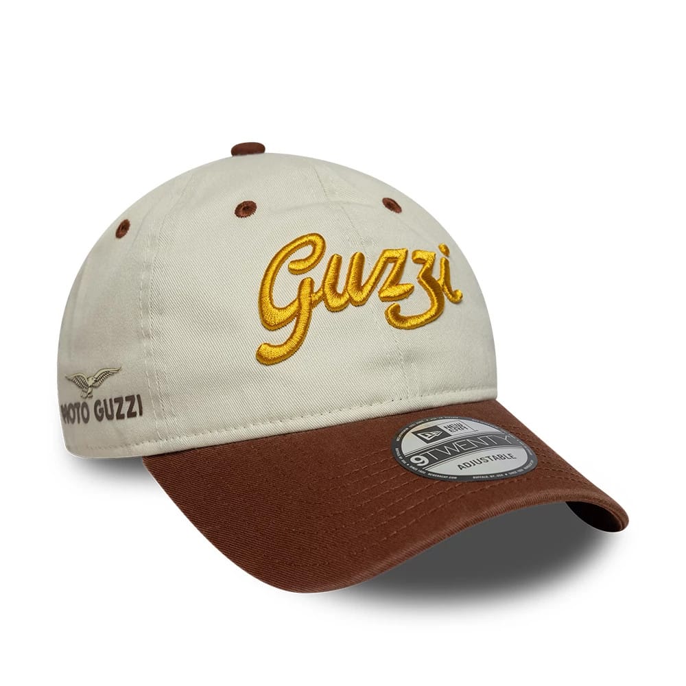 Pictured is this Moto Guzzi wordmark 9TWENTY cap in brown. 1