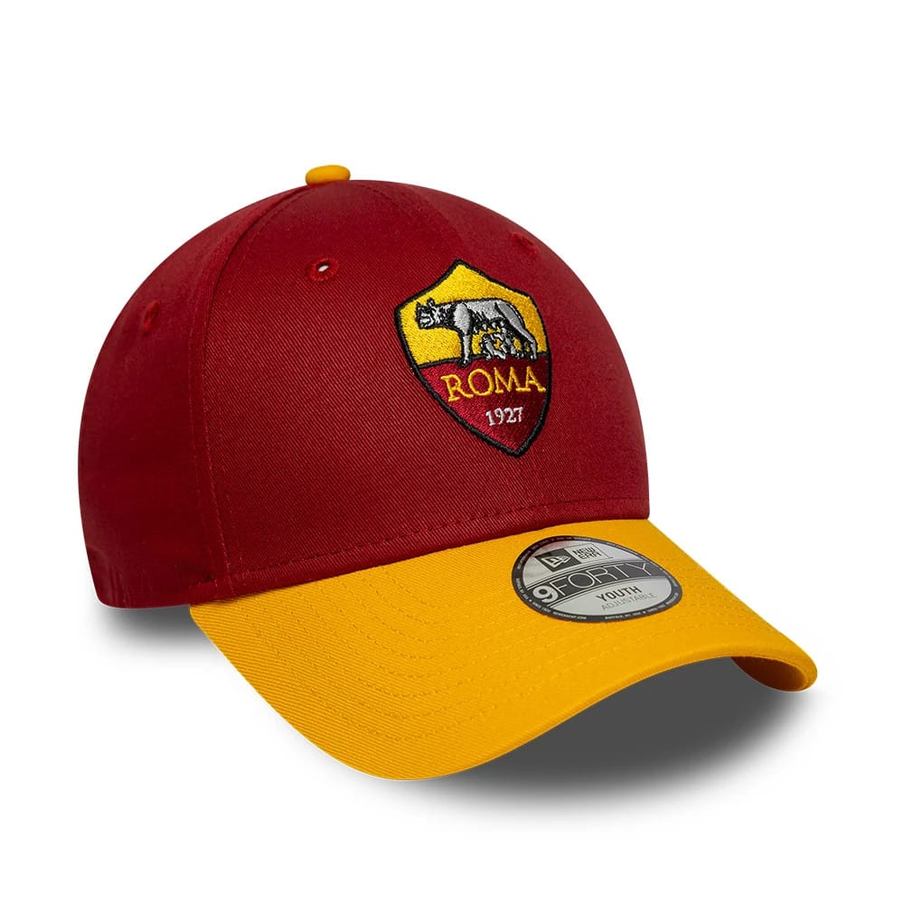 Youth AS Roma Team Dark Red New Era 9FORTY Adjustable Cap, three-quarter view with the club's crest featuring a wolf and twins in yellow and grey raised embroidery on the front panel, a contrasting gold curved visor and a 9FORTY size sticker.