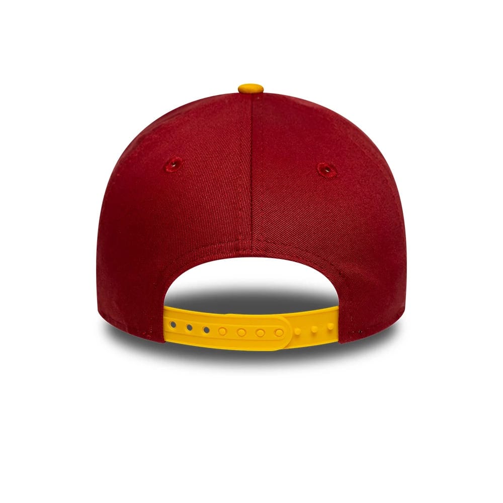 Youth AS Roma Team Dark Red New Era 9FORTY Adjustable Cap, rear view showing the contrasting yellow adjustable strap with several size options, complementing the top button on the structured dark red crown adorned with matching red eyelets.