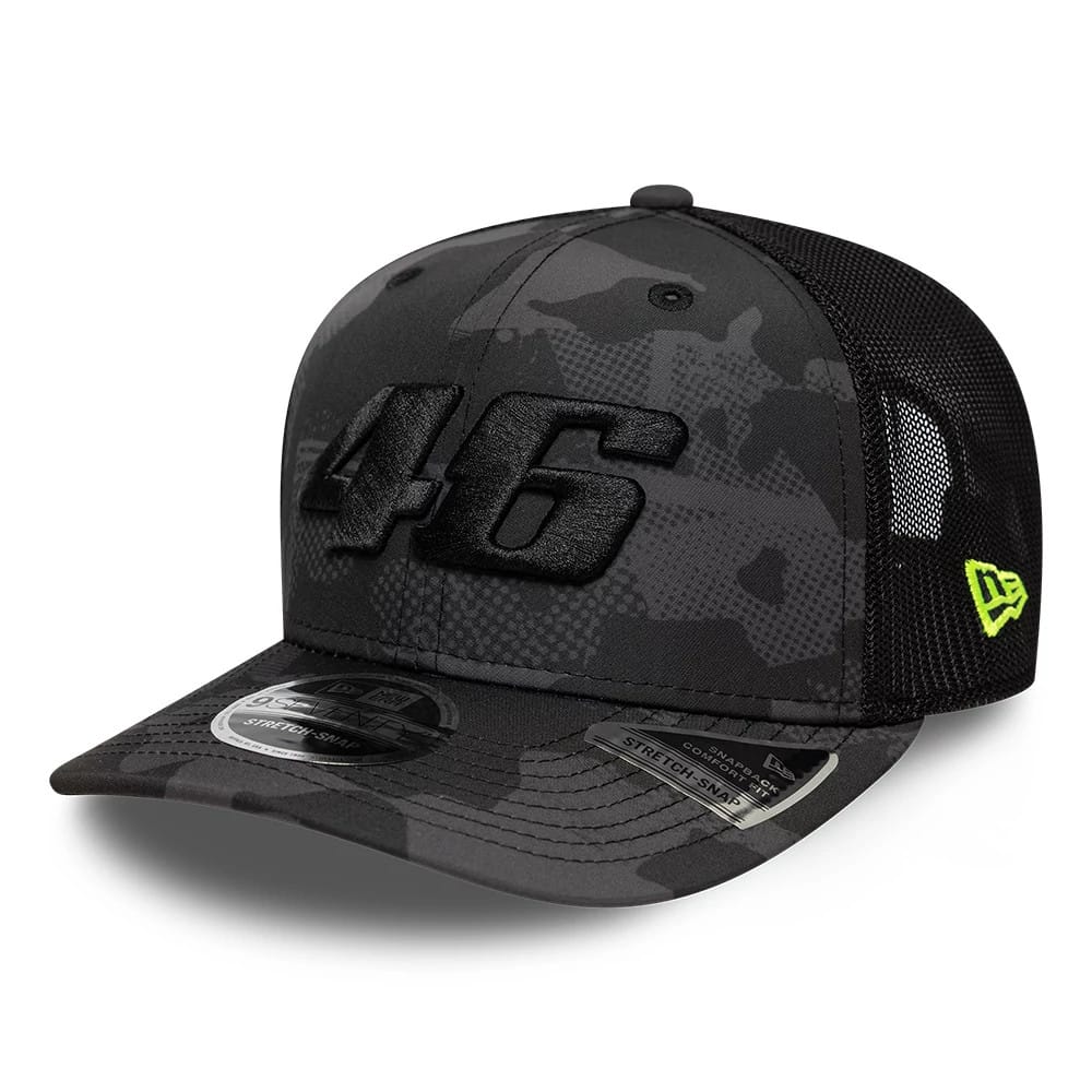 Pictured is this VR46 Camo 9SEVENTY Stretch Snap cap in black. 1