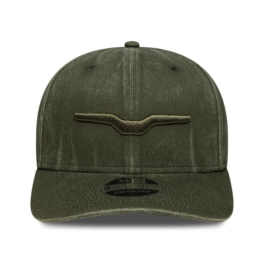 Pictured is this Moto Guzzi Logo 9SEVENTY Stretch Snap cap in green. 2