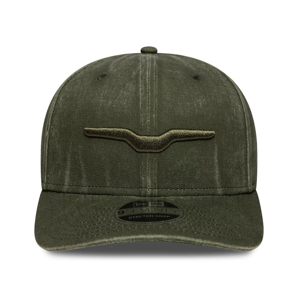 Pictured is this Moto Guzzi Logo 9SEVENTY Stretch Snap cap in green. 2