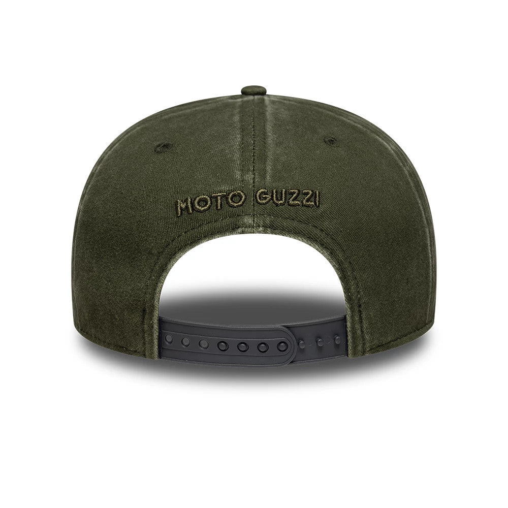 Moto Guzzi Logo Green New Era 9SEVENTY Stretch Snap Adjustable Cap, rear view showing the dark green embroidered Moto Guzzi logo centred on the back panels, with a black adjustable snap closure and eyelets on top.