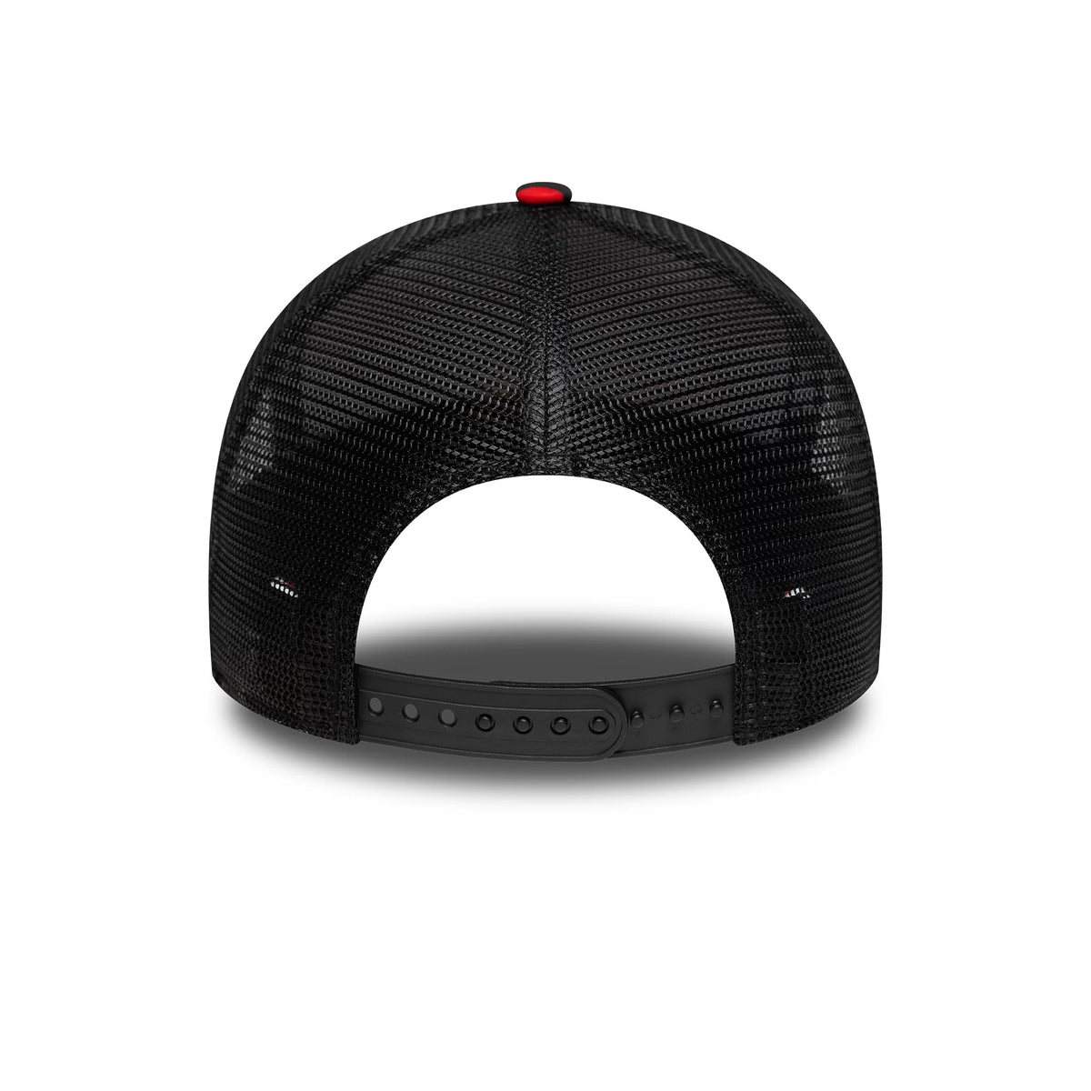 Ducati Motor Camo Black New Era 9FORTY E-Frame Trucker Adjustable Cap, rear view showing the open mesh back panels with a red top button, featuring an adjustable black snapback closure for a custom fit.