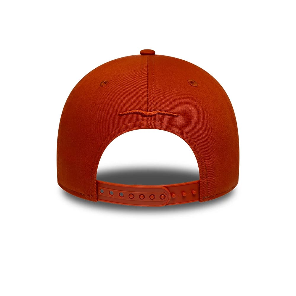 Moto Guzzi Distressed Red New Era 9FORTY M-Crown Adjustable Cap, rear view showing an embroidered Moto Guzzi logo in the centre of the back panels, a structured red crown, and a matching red adjustable strap with round holes.