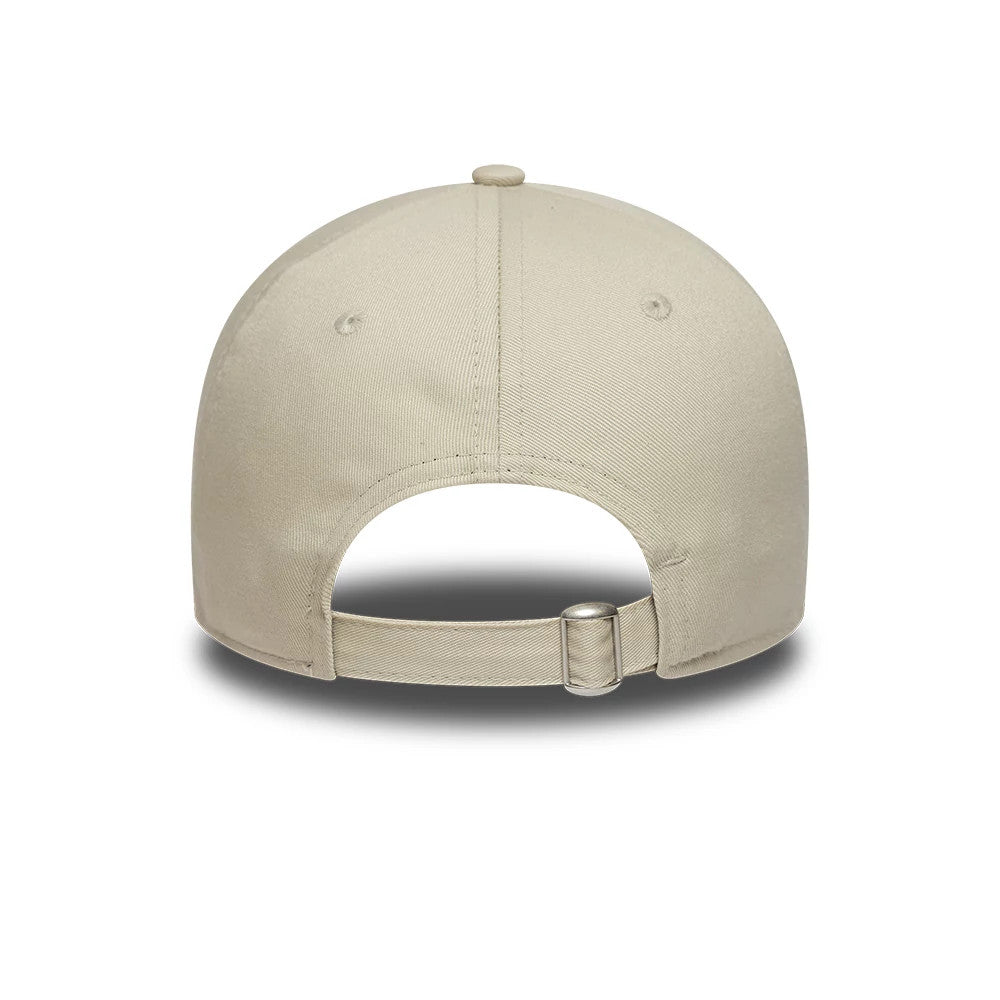 Manchester United FC Cream New Era 9TWENTY Adjustable Cap, rear view showing the silver buckle closure on the unstructured cream crown, with eyelet accents and a soft fabric loop for a relaxed fit.